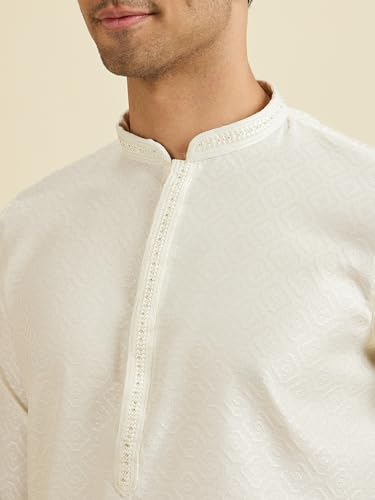 Manyavar Men's Viscose Blend Textured Kurta Pyjama Set(Warm White,XXXL)