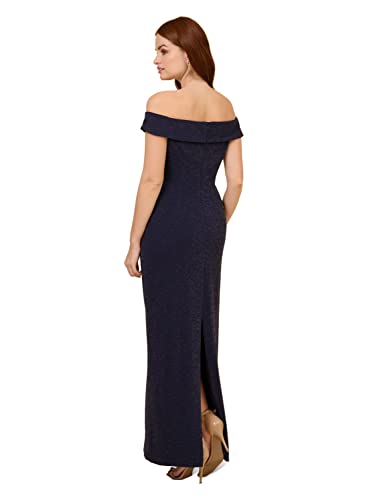 Adrianna Papell Women's Metallic Knit Draped Gown, Light Navy, 8