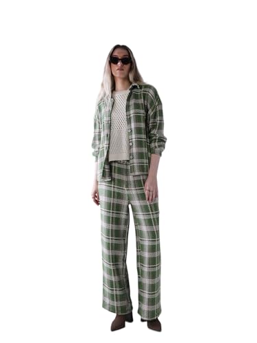 ONLY Women's Checked Flared Mid-Rise Green Pants