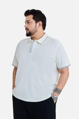 SNITCH Men Plus Size Polo T-Shirt | Geometric Patterned Placket & Contrast Tipping | Cotton Lycra Blend Stretchable Half Sleeve Polo for Casual & College Wear Off-White