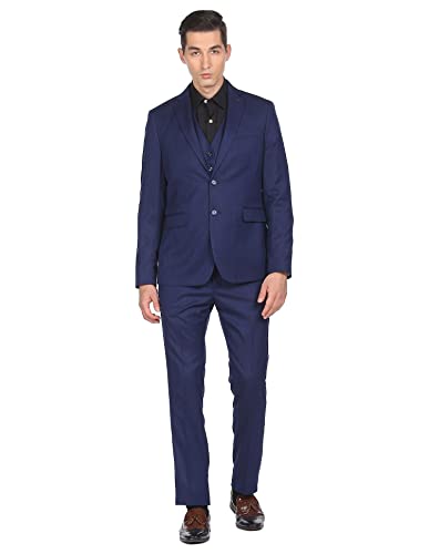 Men Navy Notch Lapel Collar Patterned Suit