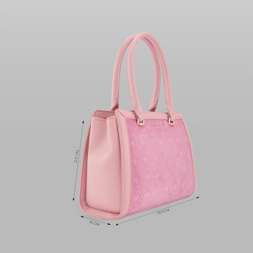 Caprese Katherine Medium Monogram Velvet Satchel for Women | Elegant Multi-Compartment Shoulder Handbag with Adjustable & Detachable Strap | Textured Velvet Designer Work & Party Purse (Pink Sorbet)