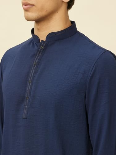 Manyavar Mens Blue Art Silk Solid Short Kurtas