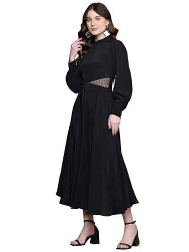 Label RITU KUMAR Round Neck Solid Long Dress Black