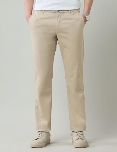 Arrow Sports Men's Beige Solid Mid Rise Cotton Button Regular Fit Flat Front Slant Pocket Trousers (ASAJTR2622_Beige_36)
