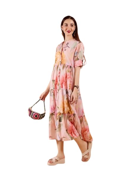 ORICA FASHION Women's Peach Poly Muslin Printed Maxi Dress | Stylish Party Dress for Women & Girls (XL)