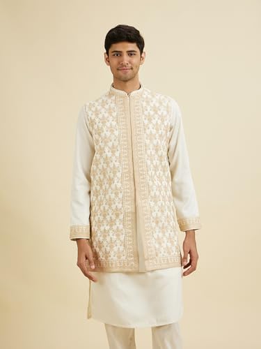 Manyavar Men's Art Silk Gold Thread Embroidered Kurta Jacket Churidar Set(Beige,L)