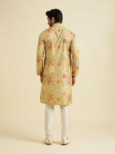 Manyavar Men's Floral Print & Stone Embellished Kurta Pyjama Set (Mustard,XL)