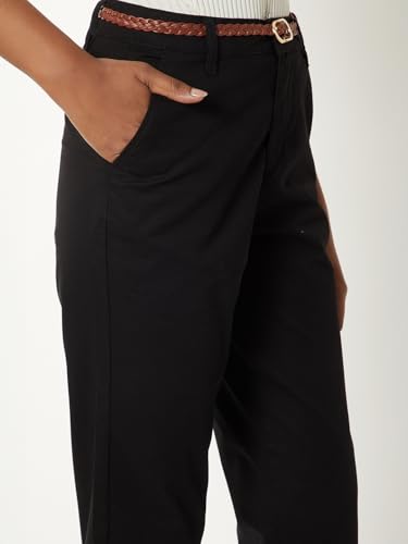 Women Solid Trousers with Braided Belt