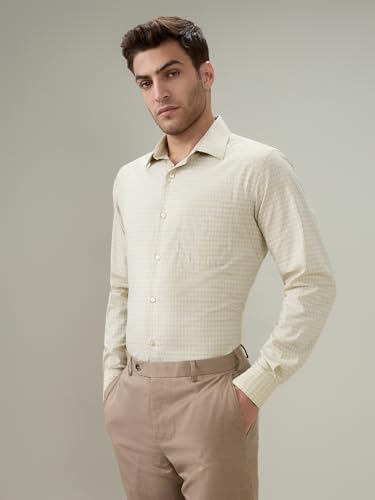 Raymond Men Contemporary Fit Checks Pattern Pure Cotton Semi Cutaway Collar Full Sleeve Formal Shirt Fawn