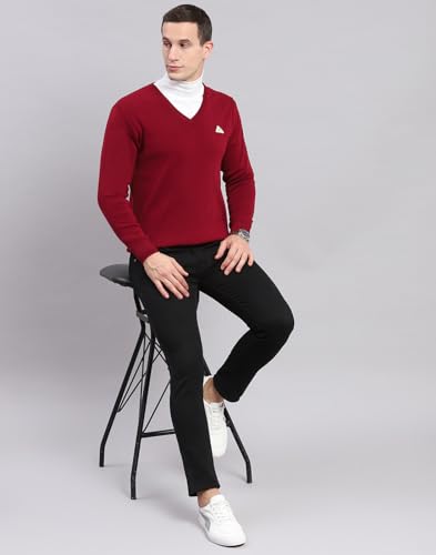 Monte Carlo Maroon Solid V Neck Sweater | Warm Woolen Pullover for Men | Soft Comfortable Knitted Winter Wear Sweater for Men's