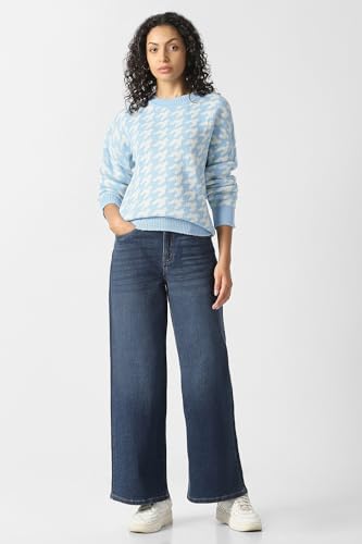 Women Light Blue Print Round Neck Sweater