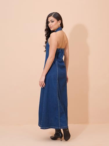 Sassafras Women Blue Denim Button Down Halter Neck Maxi Dress-L