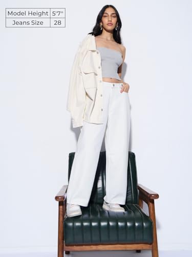 The Souled Store Barrel-Fit Denim: Ivory Women and Girls Buttoned Solid Lightweight Everyday Trendy Cotton Loose Fit Denim Jeans