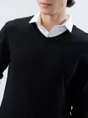 Raymond Men Regular Fit Solid Pattern Merino Wool Acrylic Blend Full Sleeve V Neck Casual Sweater Black