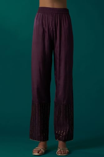 Wishful Women's Purple Embellished Dotted Jacquard Flared Kurta with Pants and Dupatta Set (SP12859-314546-M)