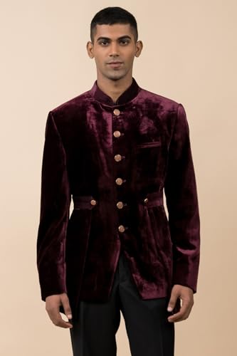 TASVA Wine Velvet Bandhgala With Top Stitch Detailing| Size: L