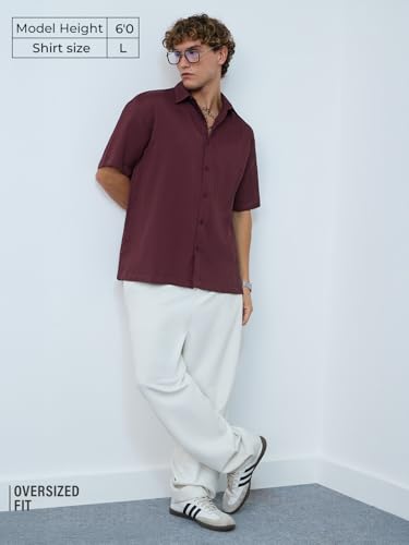The Souled Store Textured Shirt: Sangria Men and Boys Short Sleeves Collared Neck Button Front Polyester Purple Solid Oversized Shirt