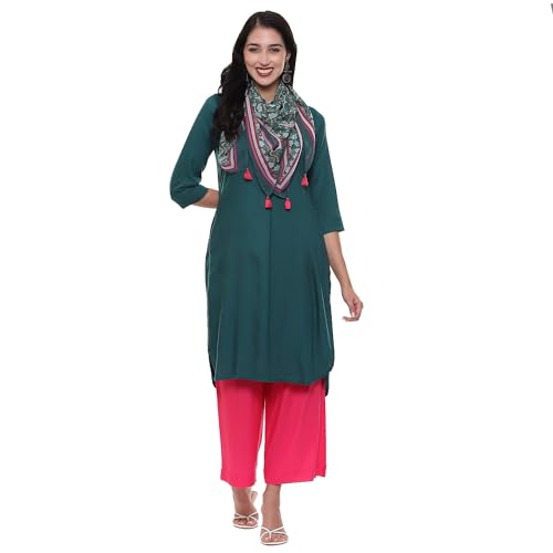 BIBA Women Solid Straight Rayon Suit Set (Green)