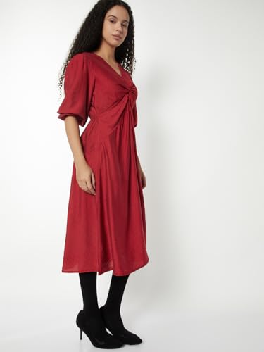 Max Women Solid Twisted A-line Midi Dress(Red_L)