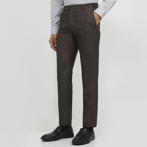 Raymond Men Slim Fit Checks Pattern Polyester Blend Flat Front Formal Trouser Dark Brown