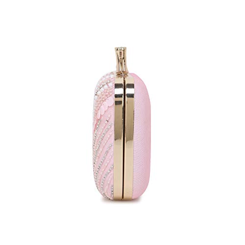 Anekaant Adorn Baby Pink & White Embellished Faux Silk Clutch