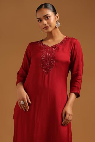Soch Womens Maroon Muslin Embroidered Kurta with Machine Embroidery and Bead Details