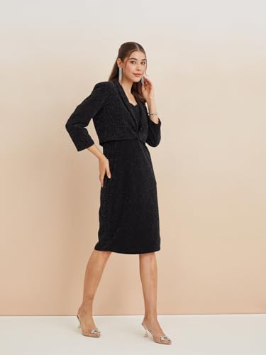 Latin Quarters Women's Black Sweatheart Neck Sleeveless Solid Party Bodycon Dress Shrug Set_M