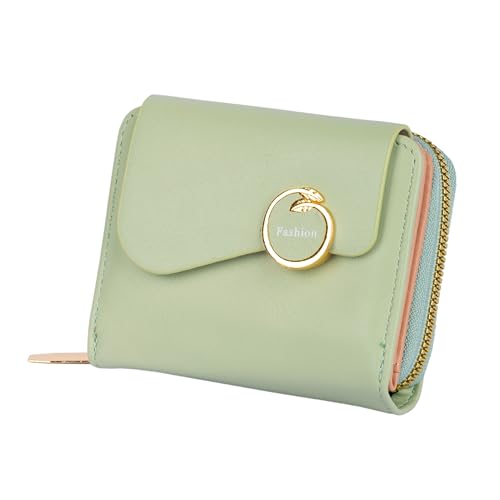 PRANIJ Small Leather Bifold Wallet for Women Fashion Compact Slim Credit Card Holder with Zipper Coin Pocket, Mini Clutch Purse for Girls (Pale Green)