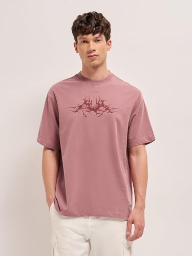 THE BEAR HOUSE Men's Cotton Graphic Oversize Fit Pink T-Shirt