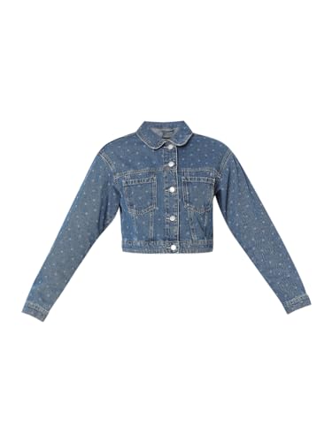 VERO MODA Women Solid Blue Cotton Regular Fit Crop Length Denim Jacket