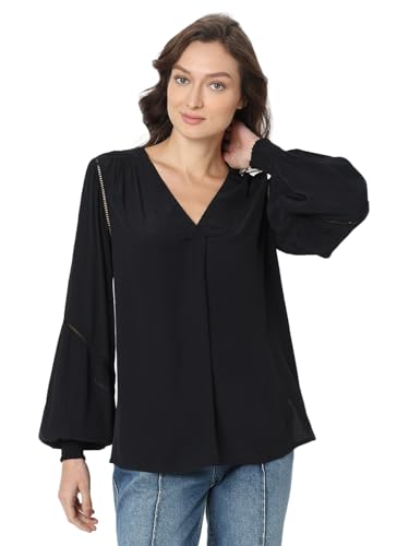 VERO MODA Women's Solid Regular Fit T-Shirt (Black)