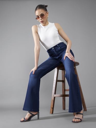 Dolce Crudo Women's High-Rise Regular-Length Stretchable Flared Denim Jeans (DOSS24DEN12-92-71-38, Navy Blue, 38)