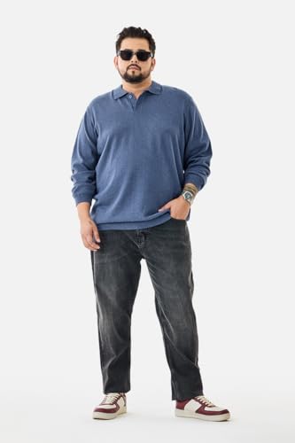 SNITCH Men Polo Plus Size Tshirt | Full Sleeve with Ribbed Cuffs | 100% Cotton Fabric | Solid Pattern & Minimalist Design | Casual Wear for Everyday Comfort | Blue