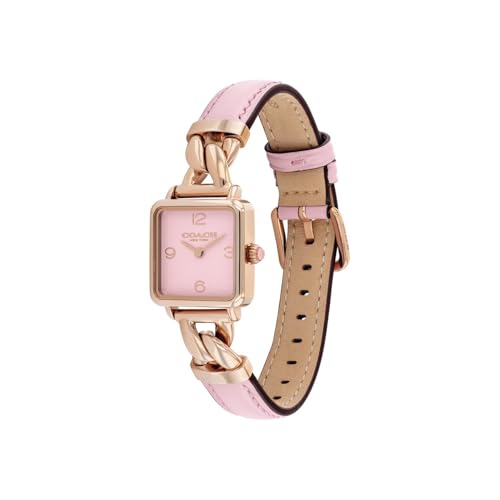 Coach Cass Qtz Basic Slim Blush Square Dial Women's Watch|Ionic Plated Carnation Gold Steel & Blush Calfskin Material|Gold Color Band - 14504357