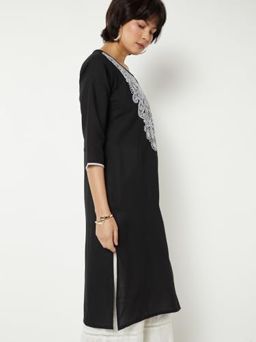 Max Women Chikankari Yoke Embroidered Straight Kurta (Black_L)
