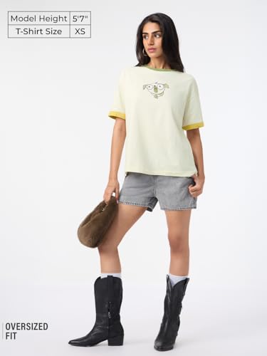 The Souled Store Pets On Prints: Women and Girls Short Sleeves Round Neck Cream Graphic Printed Cotton Lightweight Everyday Streetwear Oversized T-Shirt