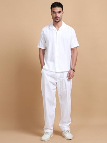 StitchX Men’s Airport Look Textured Seersucker Resort Cotton Shirt & Trouser Co-Ord Set Bright White M