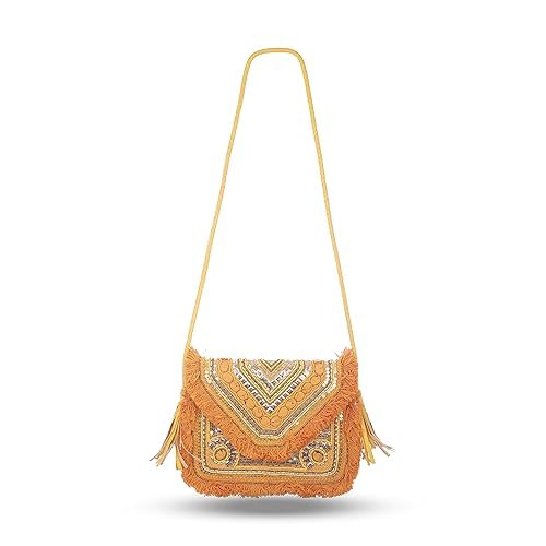 BAGUZZI Jute Coin Embellished Handmade Sling Bag for Women - Stylish, Trendy, Antique, Casual Crossbody Bag with Detachable Chain, Magnetic Closure,Mustard