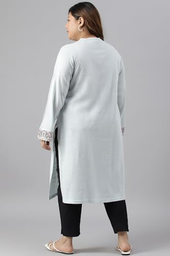 W for Women Blue Acrylic Printed Plus Size Winter Kurta_22NOW18539G-119395P_4XL