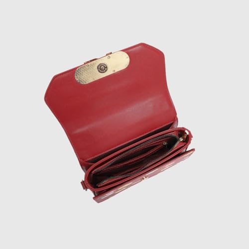 MAROON Women's Floral Satchel Handbag with Bamboo Style Handle & Gold Chain Strap