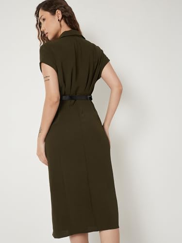 Max Women Solid Shirt Dress with Belt (Green_XS)