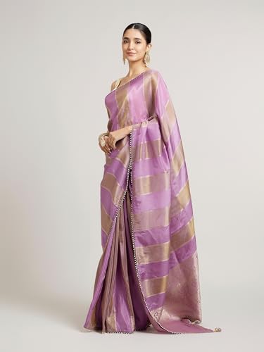 MOHEY Women's Georgette Paisley Pattern Pearl Border Saree(Purple)