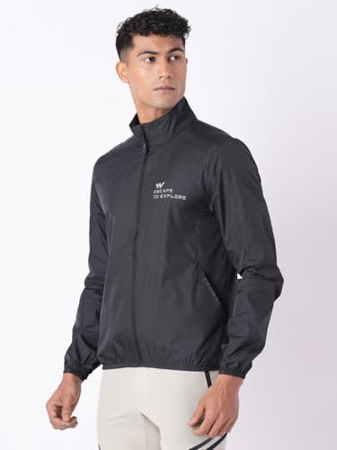 Wildcraft Men Sierra Solid Nylon Blend Collored Casual Wind Breaker Jacket, Full Sleeve - Regular fit, Black, XXXL