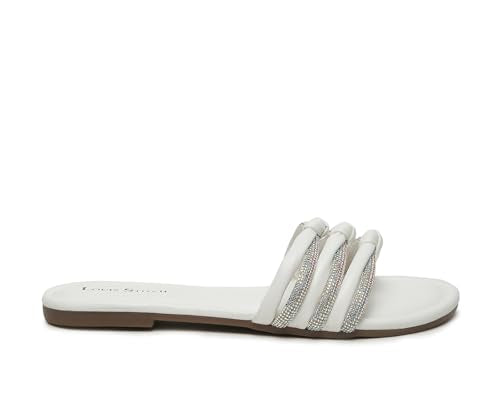 LOUIS STITCH Women's Fashion Flat Slip On Sandals | Open Toe White Stylish Flat Sandal for Ladies, Comfortable All Day Wear Slipper | LSOF-LDSL-GLTSWH | UK-5