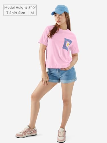 The Souled Store Coral Women and Girls Short Sleeves Round Neck Pink Crochet Pocket Relaxed Fit Cotton T-Shirts