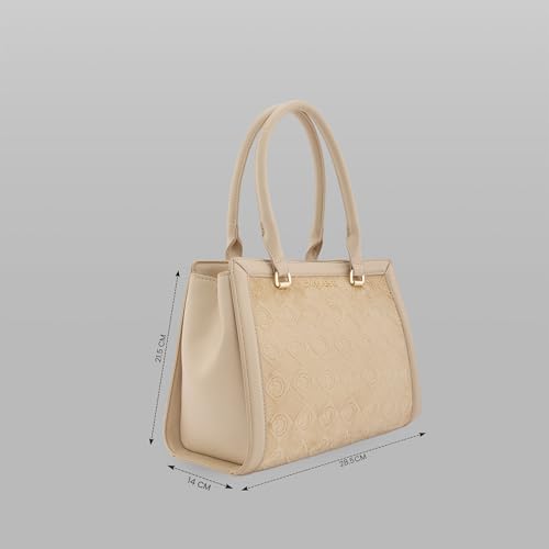 Caprese Katherine Medium Monogram Velvet Satchel for Women | Elegant Multi-Compartment Shoulder Handbag with Adjustable & Detachable Strap | Textured Velvet Designer Work & Party Purse (Alpine Oat)