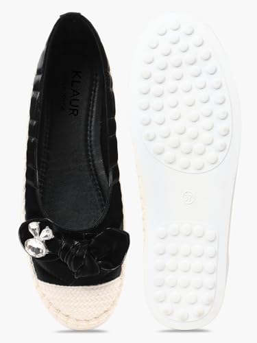 KLAUR MELBOURNE Women’s Quilted Espadrille Slip-Ons – Casual Ballet Flat Sneakers with Crystal Bow Accent and Woven Toe Cap Black