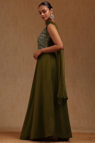 Soch Womens Olive Silk Embroidered Gown with Cutdana