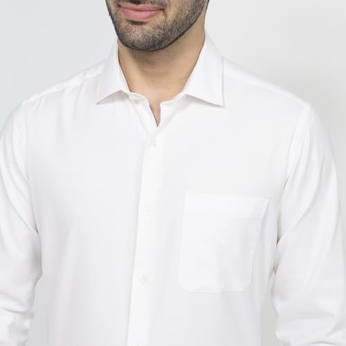 Raymond Men Regular Fit Structure Pattern Pure Cotton Semicutaway Collar Full Sleeve Tail Bottom Hem Formal Shirt White